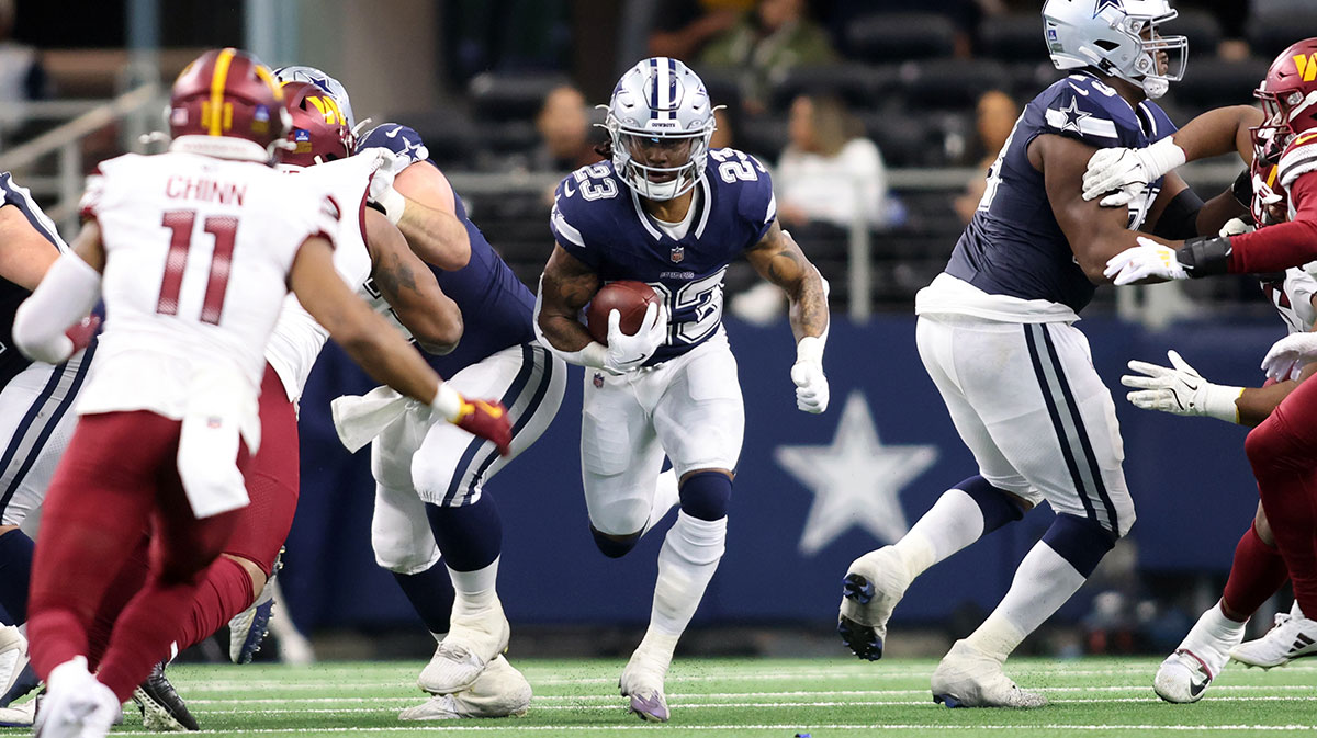 Jan 5, 2025; Arlington, Texas, USA; Dallas Cowboys running back Rico Dowdle (23) runs the ball against the Washington Commanders during the second quarter at AT&T Stadium. 