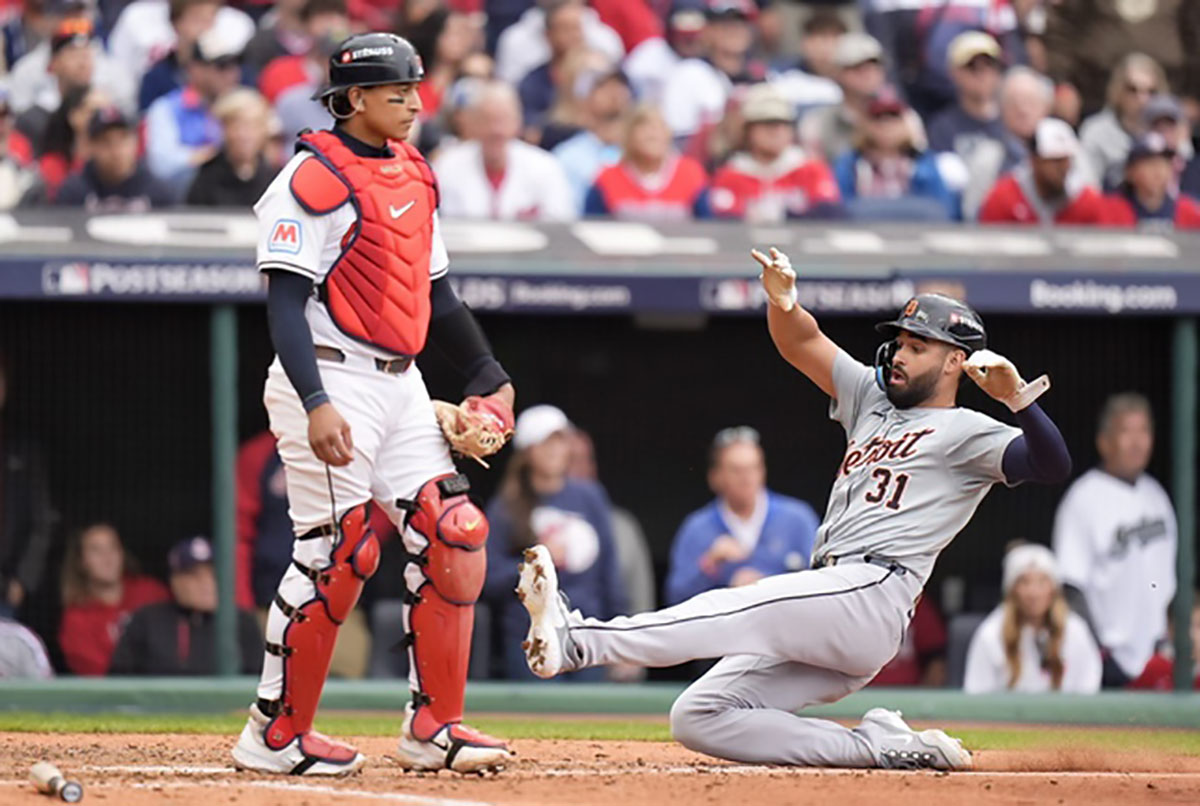 Tigers' Riley Greene scores a run the 7th inning against Guardians at Game 5 of ALDS