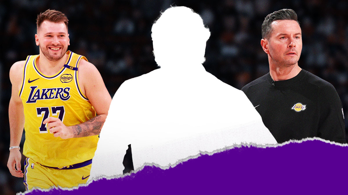 Mike Budenholzer as a silhouette. JJ Redick, Luka Doncic. Lakers logo