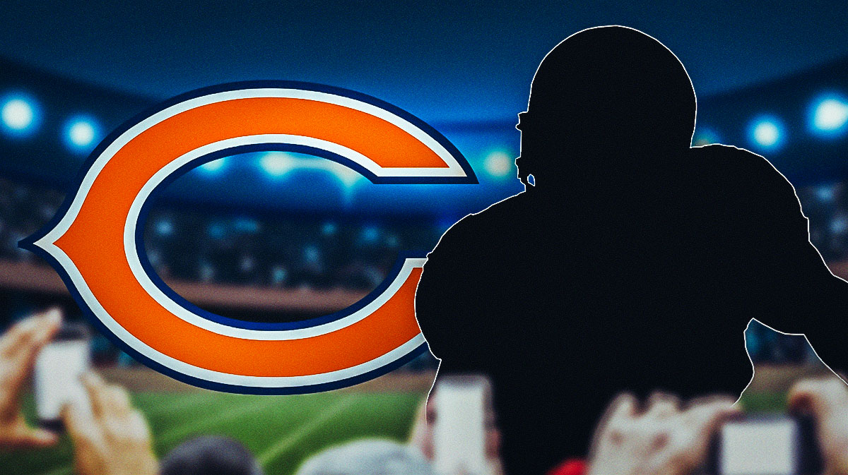 The Chicago Bears logo in the background, and a silhouette of a defensive lineman next to the logo.