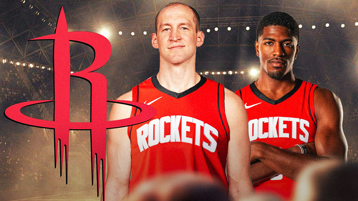 Rockets Cody Zeller and Rockets Nate Williams playing basketball with the Houston Rockets 2024-25 logo in background.