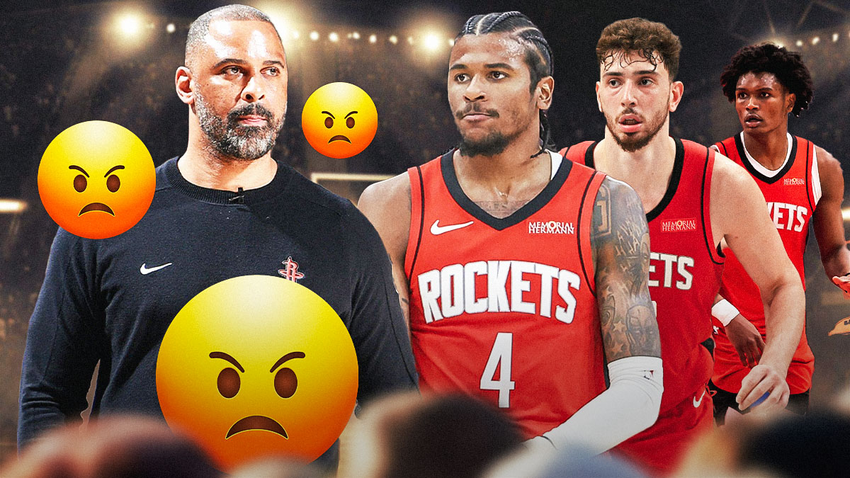 Rockets' Ime Udoka looking angry with angry emojis all over, with Jalen Green, Alperen Sengun, and Amen Thompson beside him