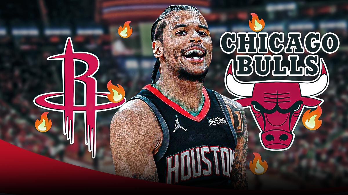 Jalen Green, Houston Rockets and Chicago Bulls logos, fire symbols