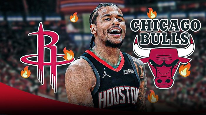 Jalen Green, Houston Rockets and Chicago Bulls logos, fire symbols