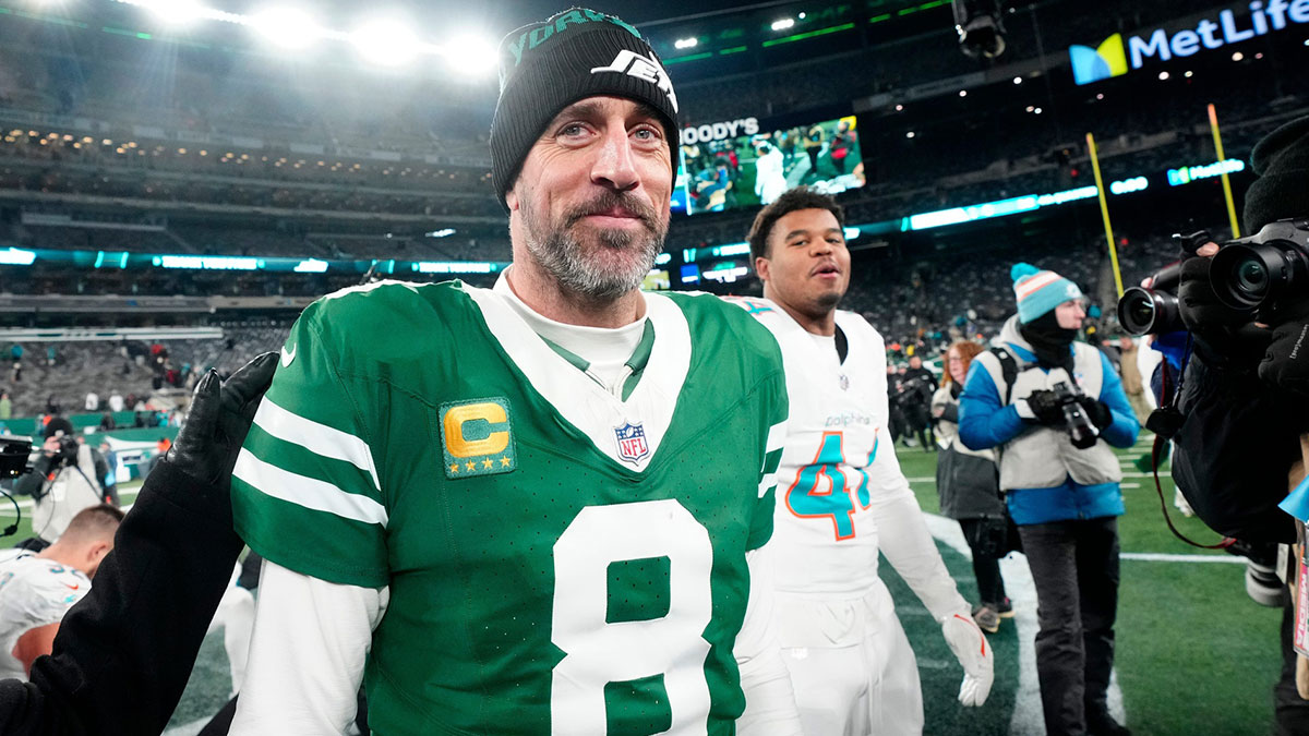 New York Jets quarterback Aaron Rodgers (8) is shown after he led Gang Green to a 32-20 victory against the Miami Dolphins, on Jan. 5, 2025, in East Rutherford, N.J.