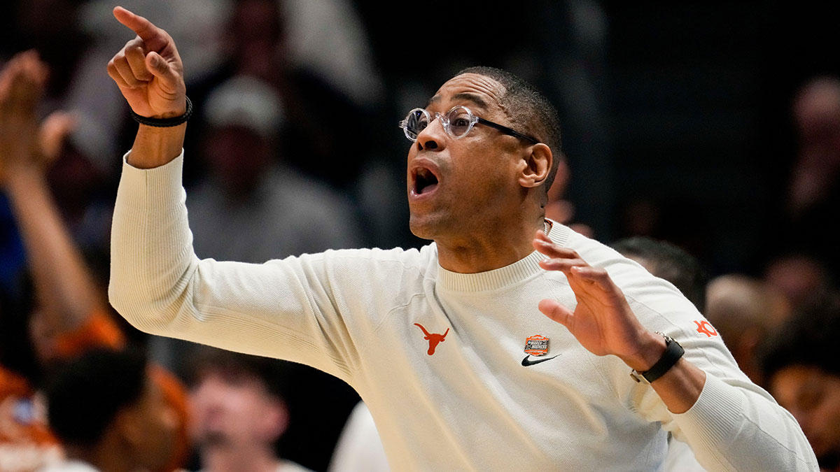 Texas Longhorns head coach Rodney Terry shouts to his defense in the second half of the NCAA Tournament First Four game between the Xavier Musketeers and the Texas Longhorns at University of Dayton Arena in Dayton, Ohio, on Wednesday, March 19, 2025. Xavier advances with an 86-80 win over Texas, moving on to play Illinois in the first round.