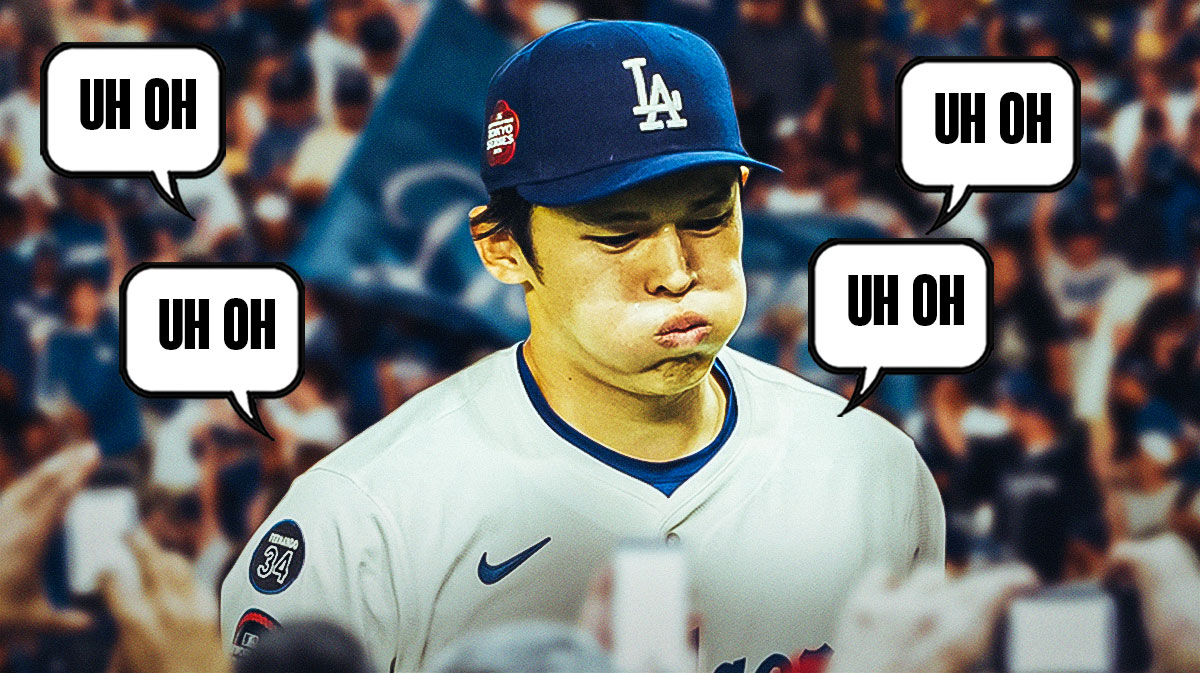 Roki Sasaki on one side, a bunch of Los Angeles Dodgers fans on the other side with a speech bubble that says "Uh oh"