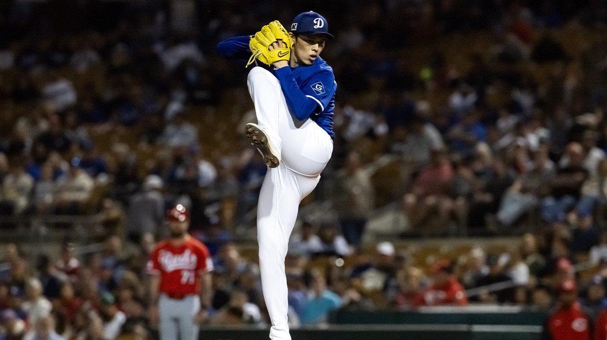 Mar 4, 2025; Phoenix, Arizona, USA; Los Angeles Dodgers pitcher Roki Sasaki against the Cincinnati Reds during a spring training game at Camelback Ranch-Glendale.