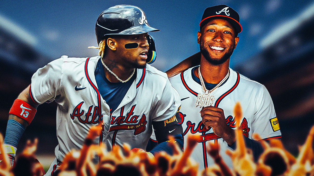 Ronald Acuña Jr. with Jurickson Profar in a Braves jersey, with Acuña smiling.