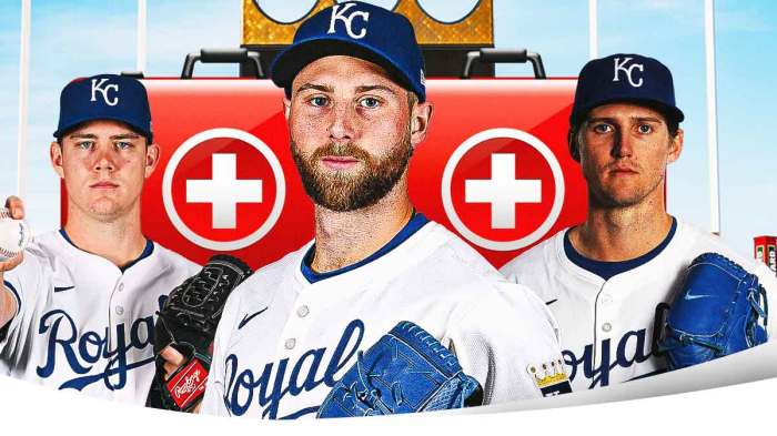 Alec Marsh, Kyle Wright and James McArthur in Kansas City Royals uniforms with red and white first aid symbols as the royals pitchers will start the season with injuries on the IL.