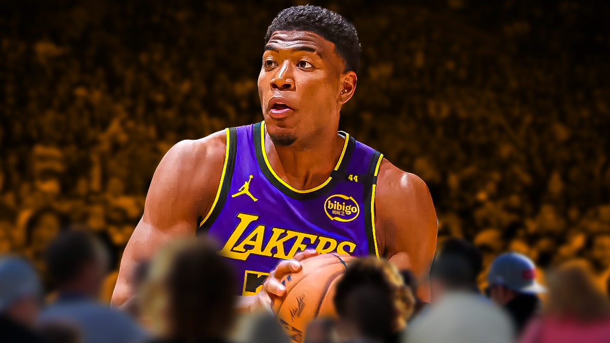 LA Lakers player Rui Hachimura with the Lakers arena in the background, injury