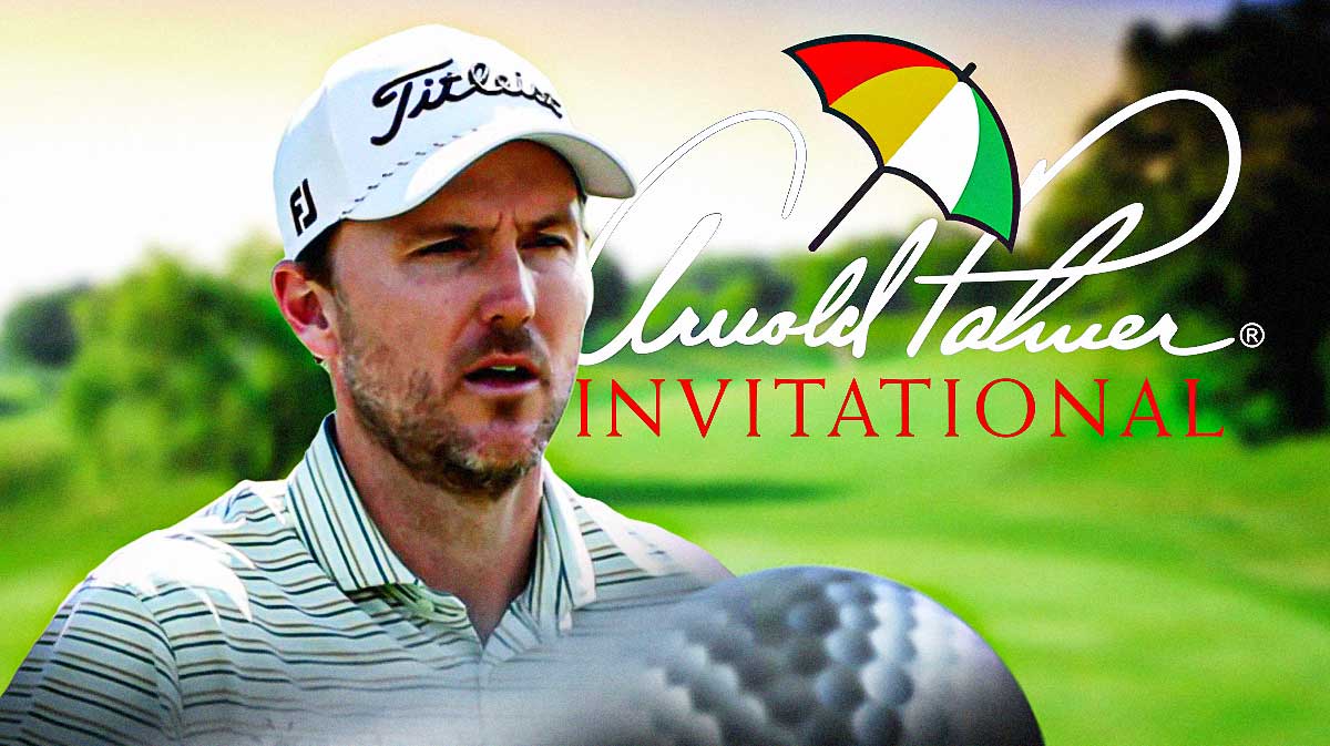Russell Henley with Arnold Palmer Invitational logo behind him.