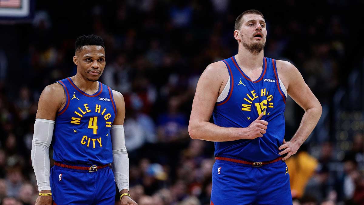 Denver Nuggets Guard Russell Vestbrook (4) and Center Nikola Jokic (15) in the first quarter against Sacramento Kings on the Ball Arena.