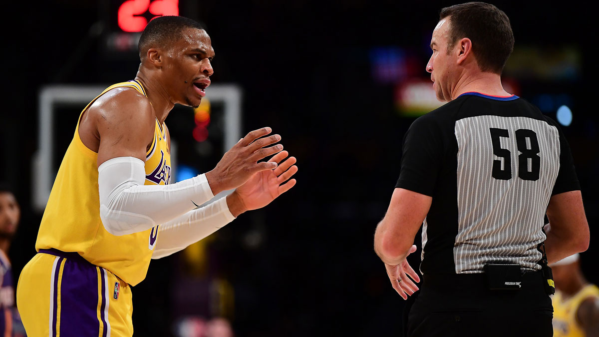 Los Angeles Lakers guard Russell Westbrook (0) reacts after being issued a technical foul by official Josh Tiven (58) during the first half at Staples Center.