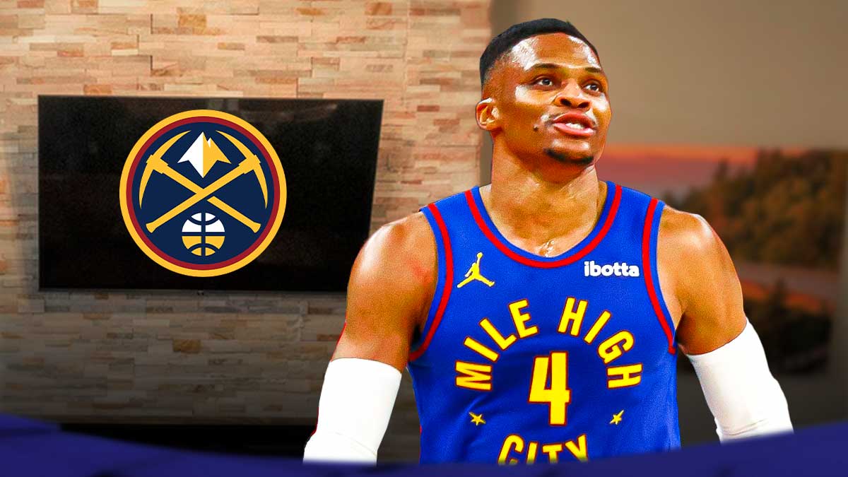 Russell Westbrook looking angry next to a TV that has the Nuggets logo on the screen.