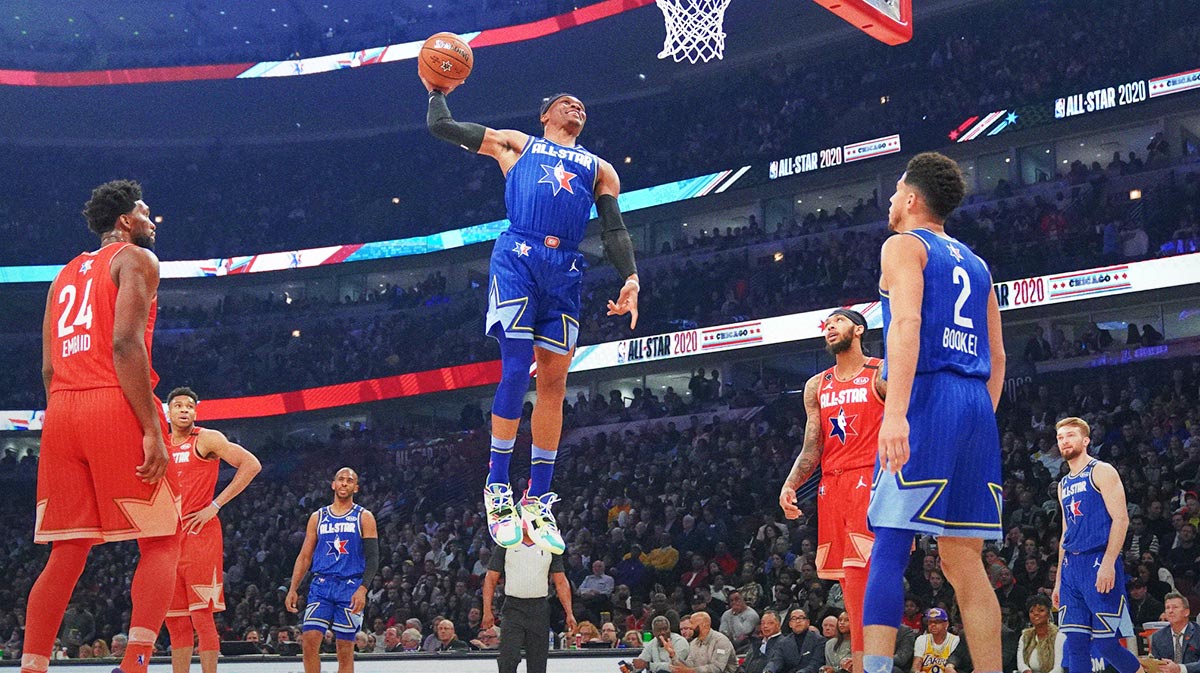 Team LeBron guard Russell Westbrook of the Houston Rockets dunks the ball in the first half during the 2020 NBA All Star Game at United Center.