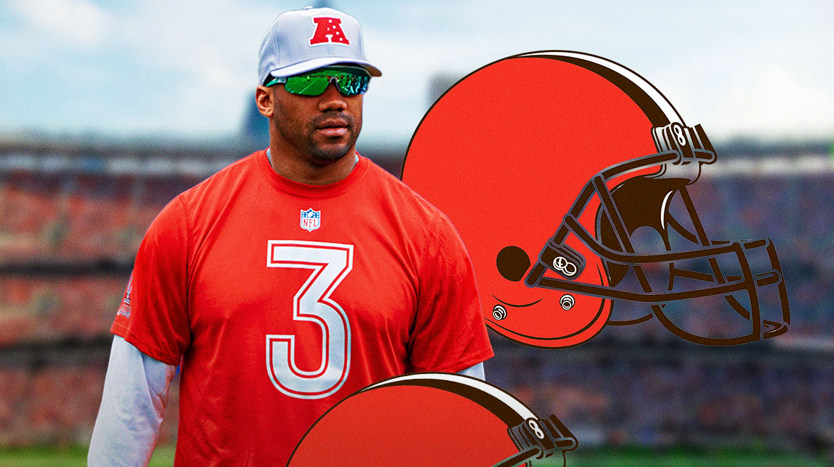 Russell Wilson (front) with Huntington Bank Field and the Cleveland Browns logo behind him