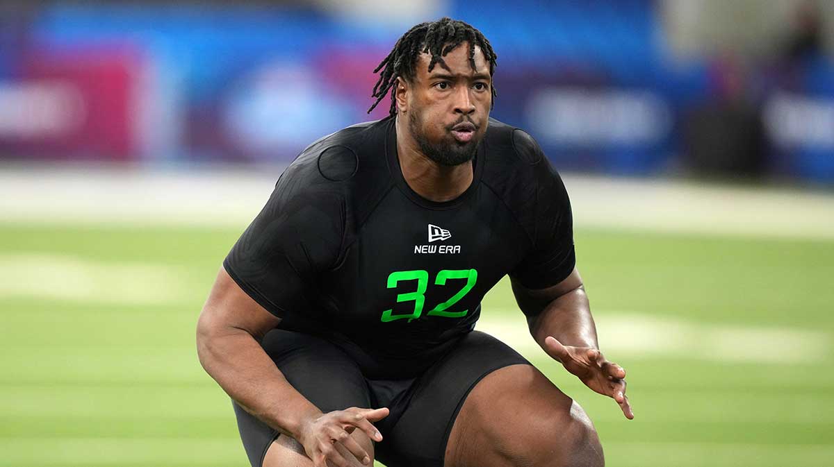 Mar 2, 2025; Indianapolis, IN, USA; Rutgers offensive lineman Hollin Pierce (OL32) during the 2025 NFL Scouting Combine at Lucas Oil Stadium.