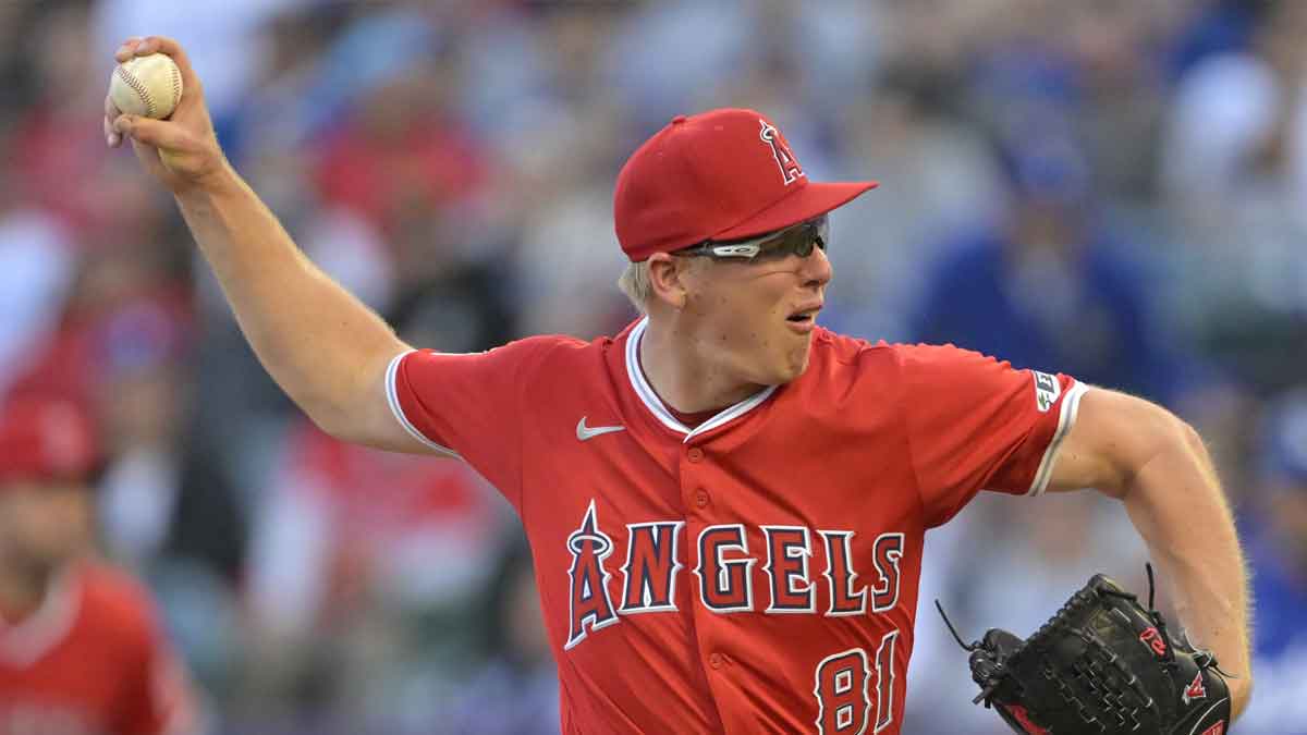 Los Angeles Angels starting pitcher Ryan Johnson (81) delivers to the plate in the second inning against the Los Angeles Dodgers at Angel Stadium.