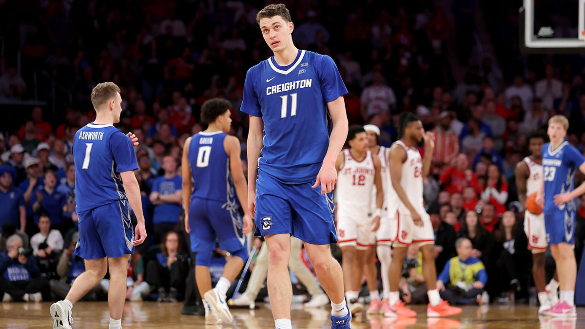 Creighton Bluejays center Ryan Kalkbrenner (11) reacts during the second half against the St. John's Red Storm at Madison Square Garden.