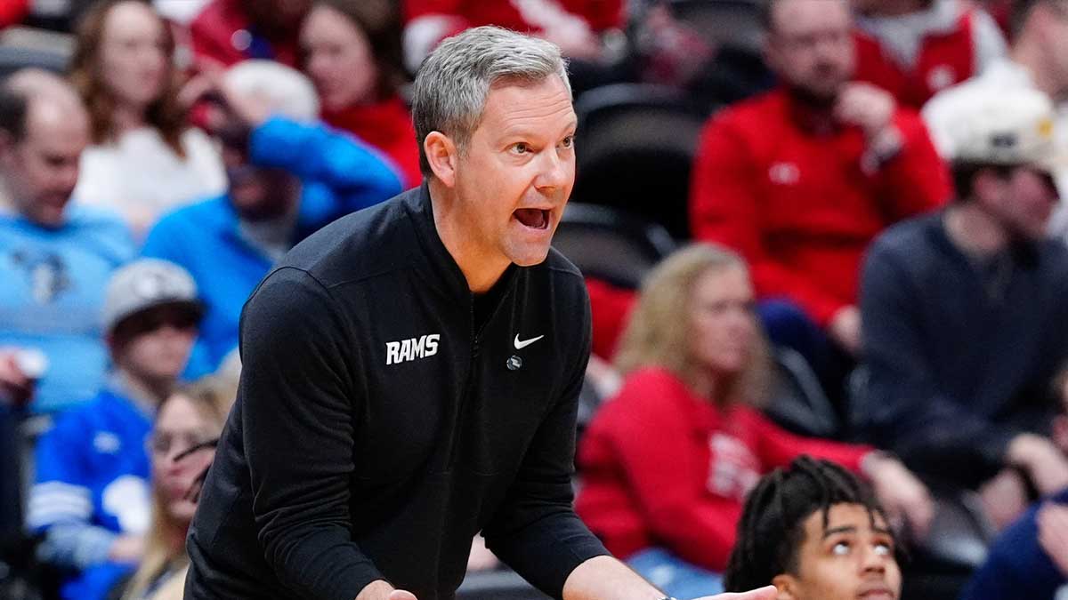 VCU Rams head coach Ryan Odom reacts during the first half against the Brigham Young Cougars in the first round of the NCAA Tournament at Ball Arena.