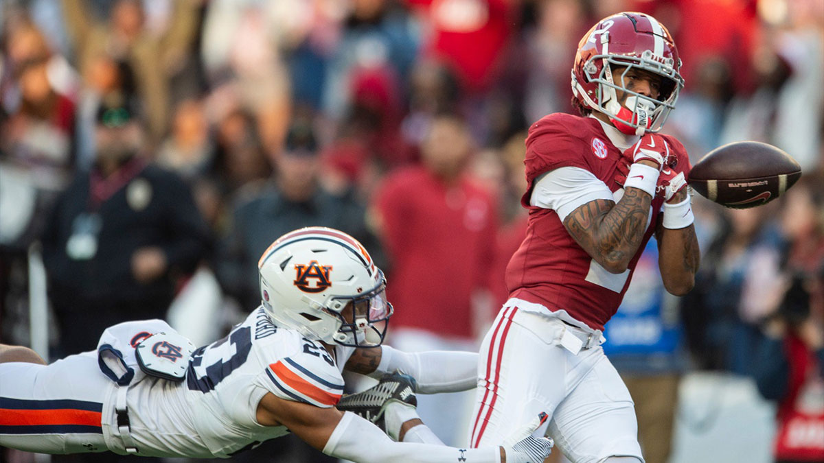 Alabama Crimson Tide wide receiver Ryan Williams (2) drops a pass guarded by Auburn Tigers defensive back Jay Crawford (23) as Auburn Tigers take on Alabama Crimson Tide at Bryant-Denny Stadium in Tuscaloosa