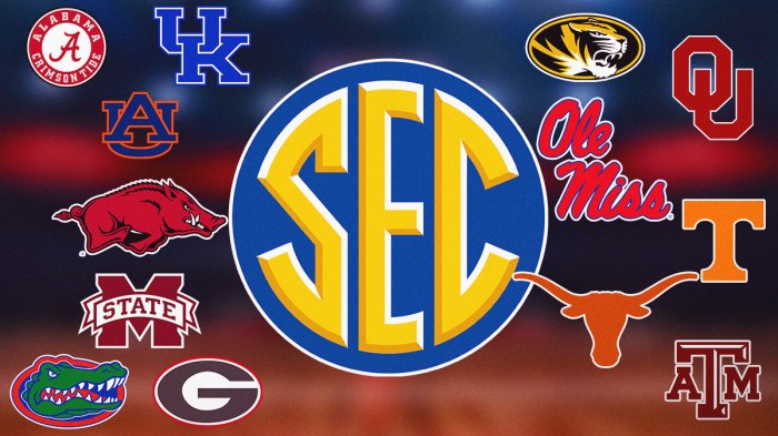 Logos of these schools along with the SEC logo right in the middle.