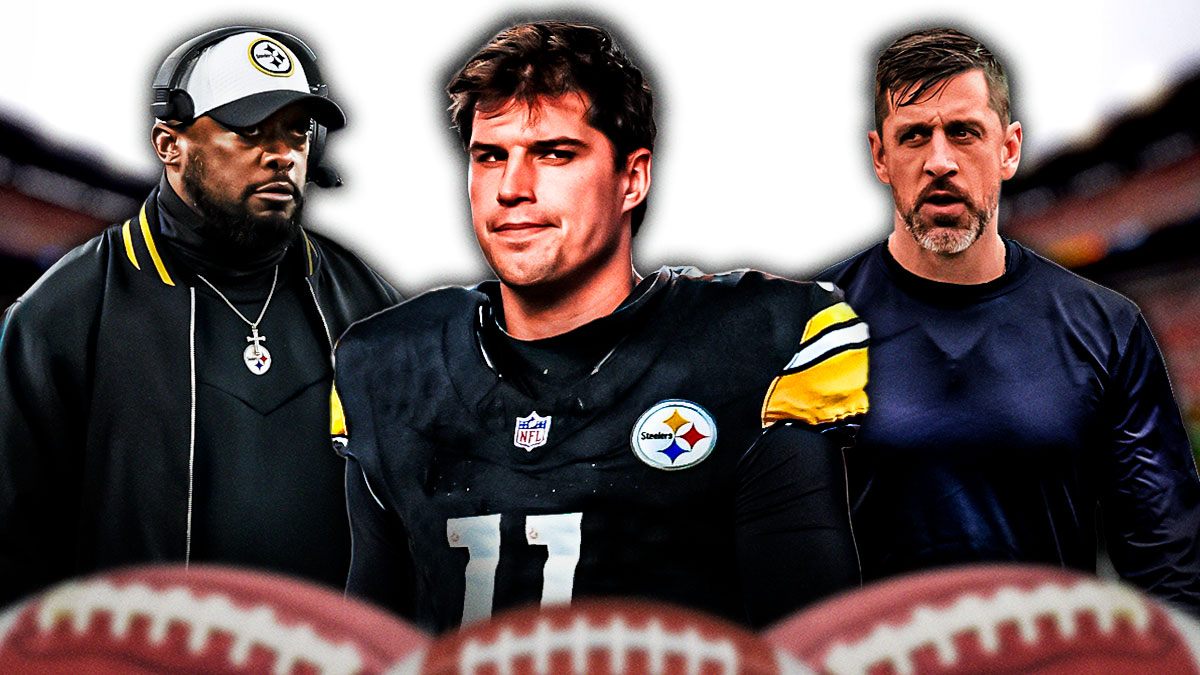 Mike Tomlin on the left looking serious. Mason Rudolph (in a Steelers uniform) in the middle playing football. Aaron Rodgers (in street clothes) on the right looking serious.