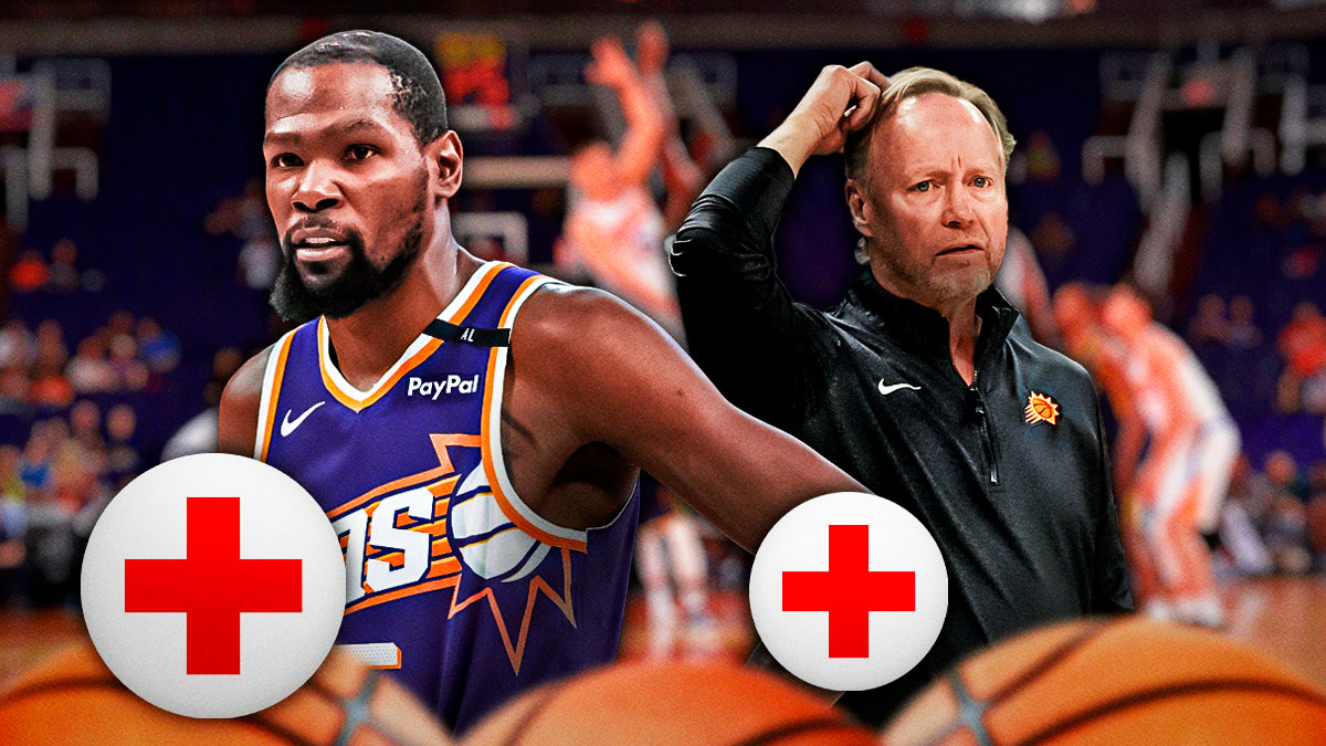 Suns' Mike Budenholzer and Kevin Durant with medical red cross symbol behind them
