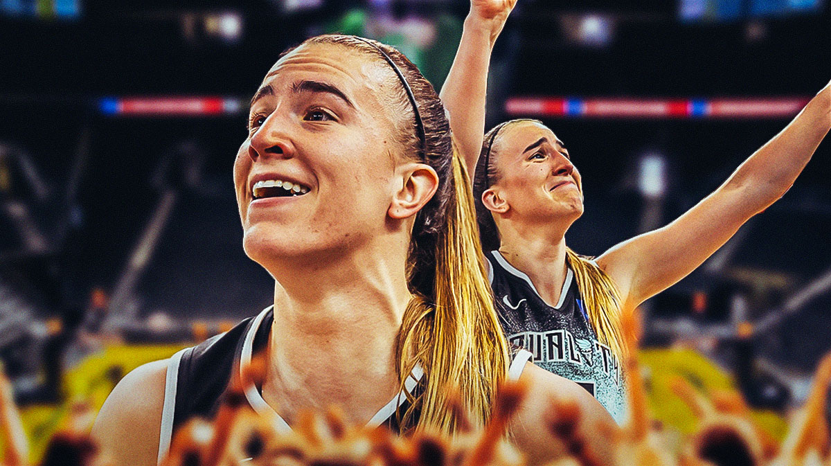 Sabrina Ionescu in a Liberty jersey with a background of the Oregon Ducks basketball arena.