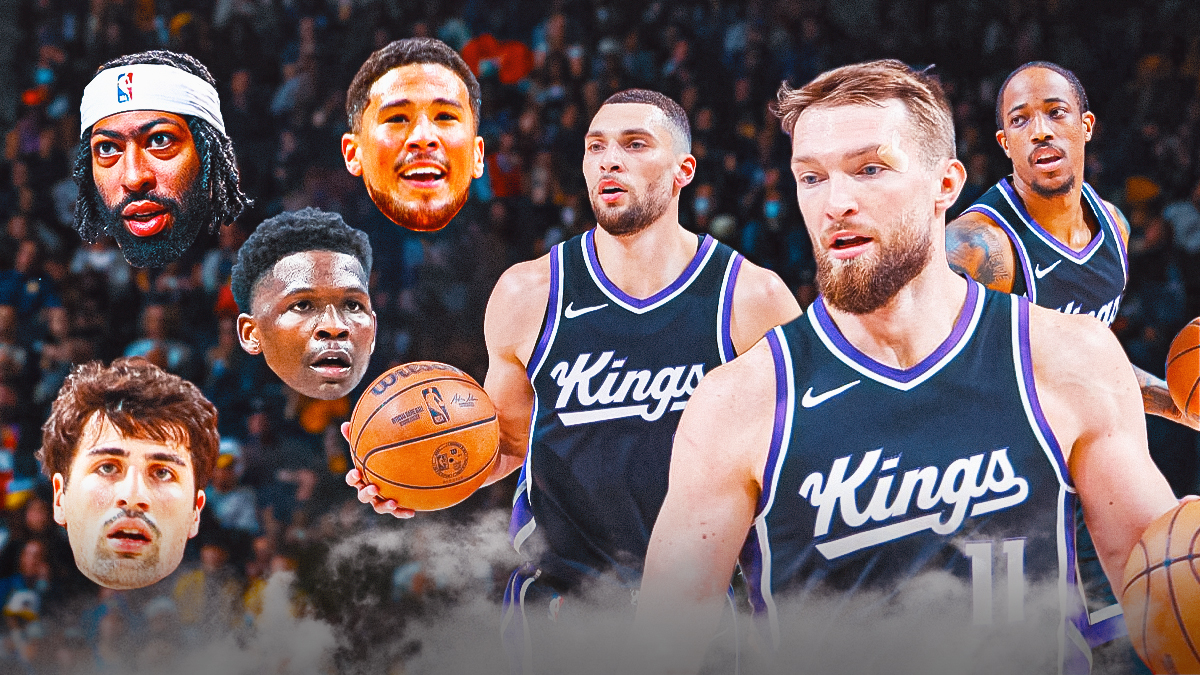Kings' Domantas Sabonis, Zach LaVine, and DeMar DeRozan looking worried, with head cutouts (head only) of Devin Booker, Anthony Davis, Deni Avdija, and Anthony Edwards around them