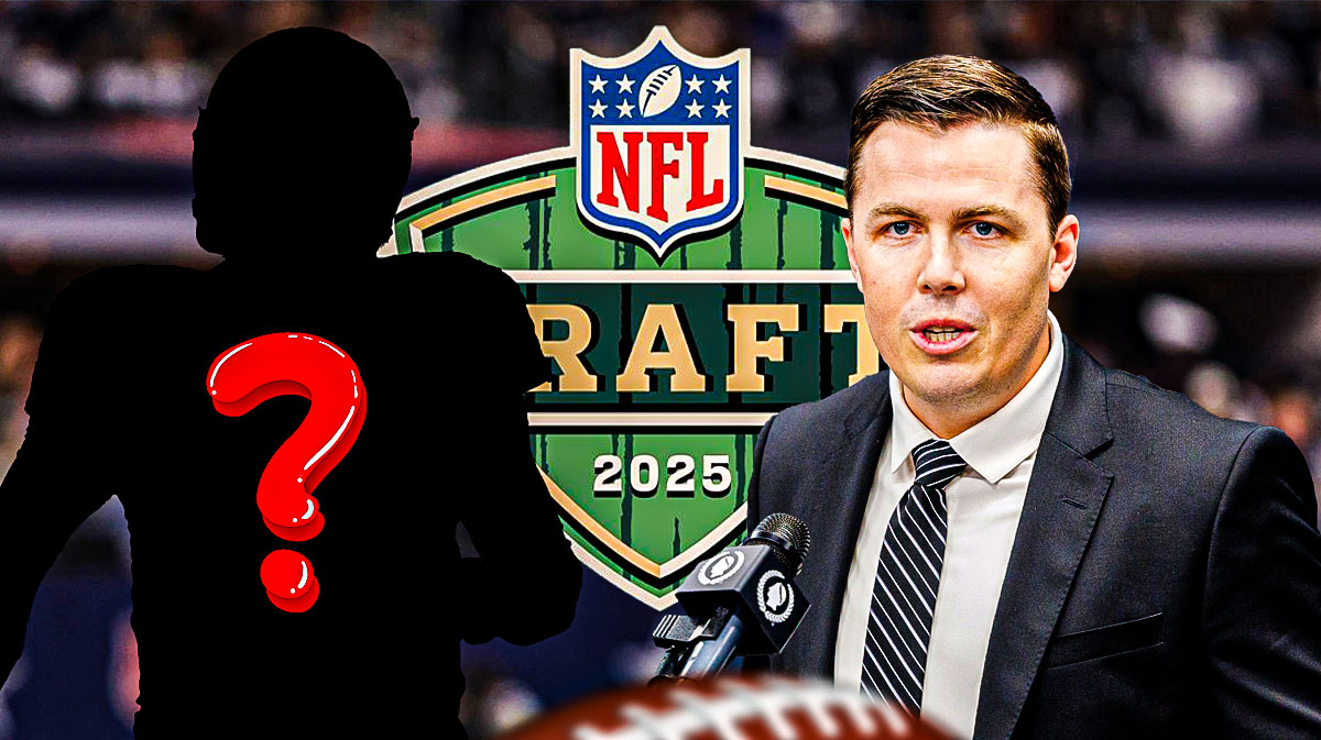 New Orleans Saints head coach Kellen Moore with a silhouette of an American football player with a big question mark emoji inside. There is also a logo for the 2025 NFL Draft.