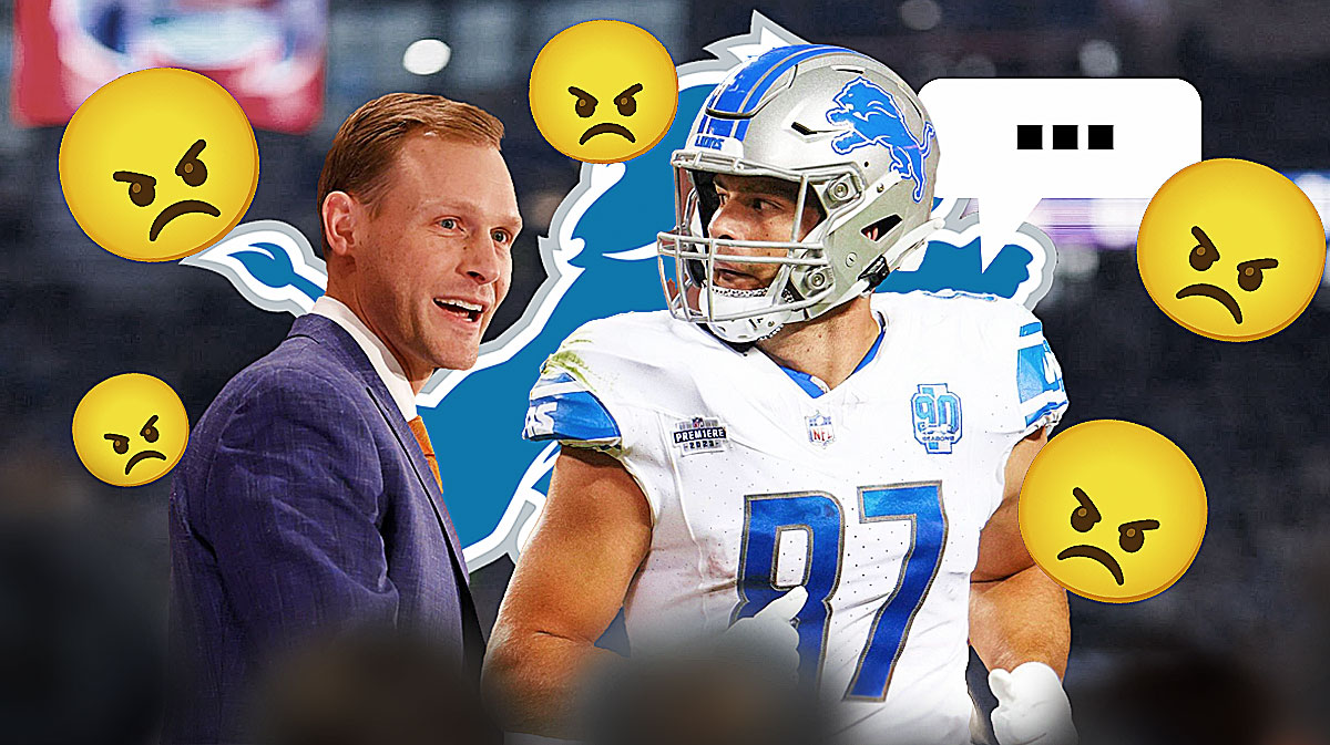 Chicago Bears head coach Ben Johnson next to Detroit Lions TE Sam LaPorta with a speech bubble that has the three dots emoji inside. They are surrounded by angry emojis (😠). There is also a logo for the Detroit Lions.