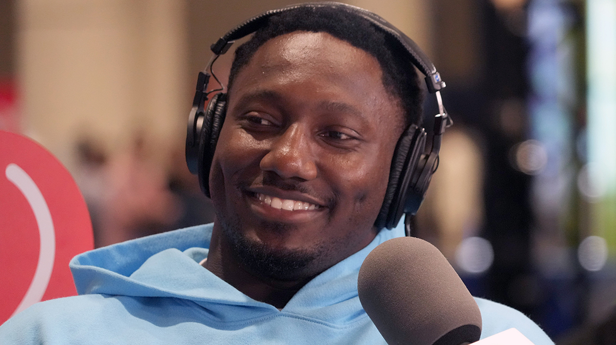 San Francisco 49ers receiver Deebo Samuel on Radio Row at the Super Bowl LIX media center.