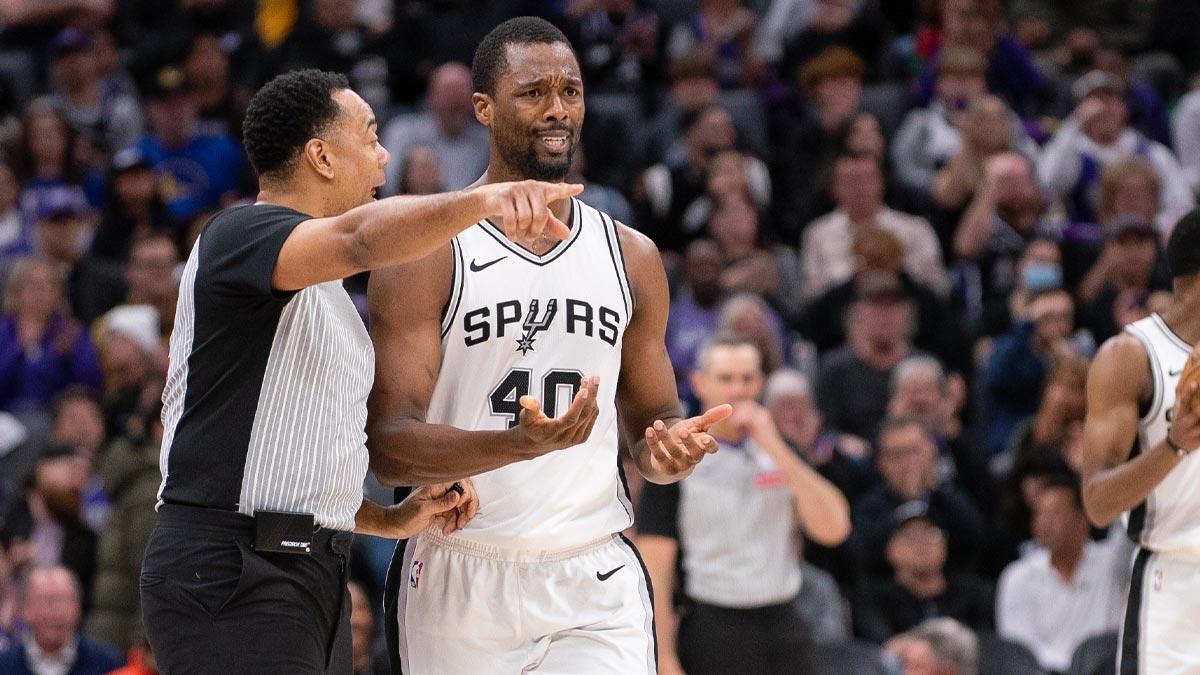 San Antonio Spurs forward Harrison Barnes (40) argues a call with referee Karl Lane (77) during the third quarter of the game against the Sacramento Kings at Golden 1 Center. 