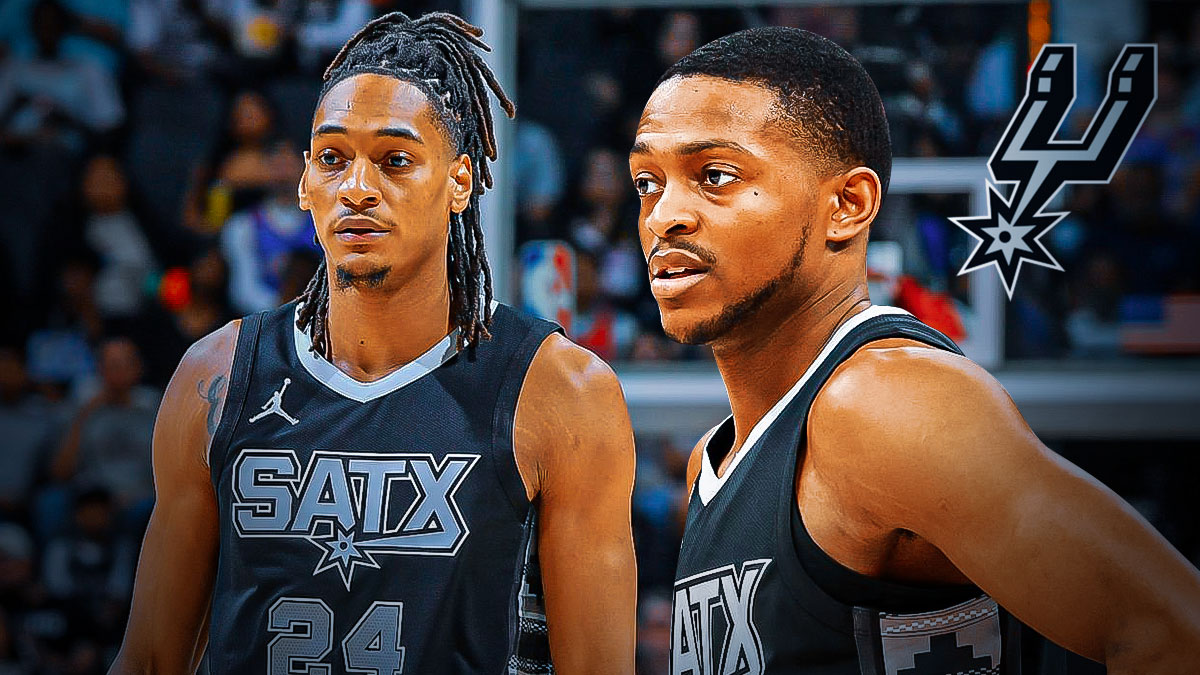 De'Aaron Fox looking relieved image, Devin Vassell image, Spurs logo,