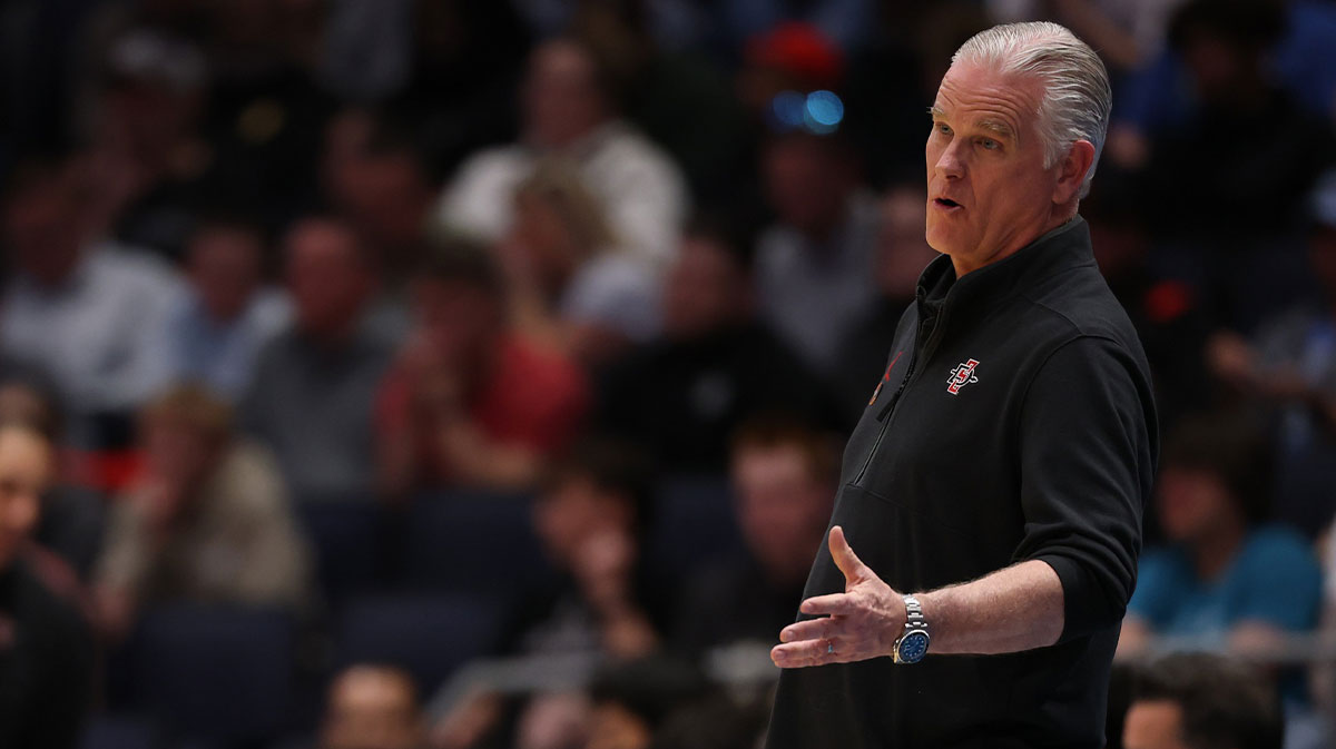 San Diego State Aztecs head coach Brian Dutcher reacts in the first half against the North Carolina Tar Heels at UD Arena. Mandatory Credit: 