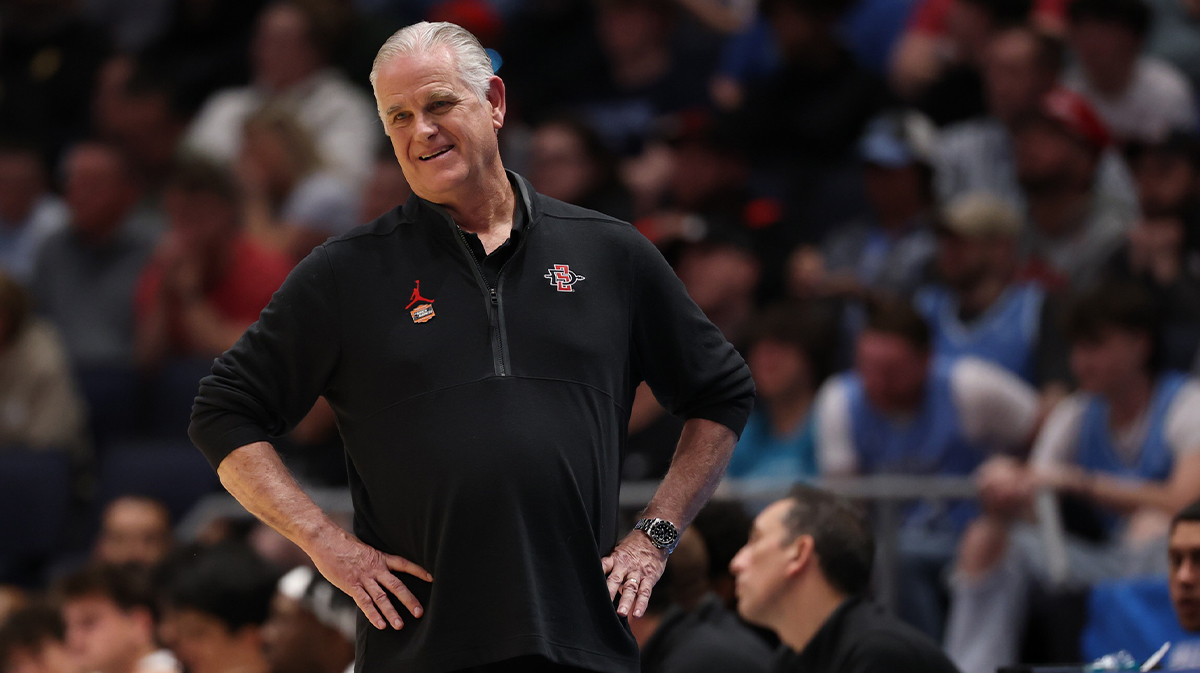 San Diego State Aztecs head coach Brian Dutcher reacts in the first half against the North Carolina Tar Heels at UD Arena.