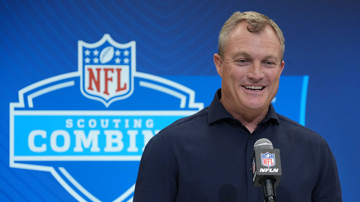 San Francisco 49ers general manager John Lynch speaks during the 2025 NFL Draft Scouting Combine at the Indiana Convention Center.