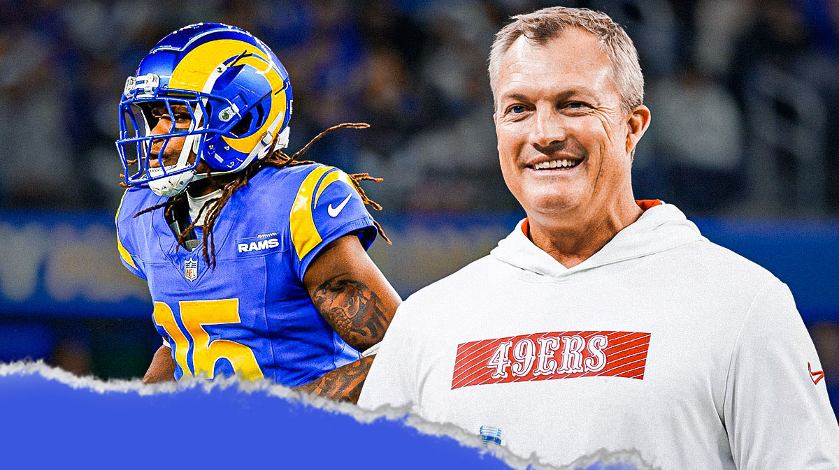 49ers John Lynch and Rams DeMarcus Robinson. San Francisco 49ers logo in background in free agency