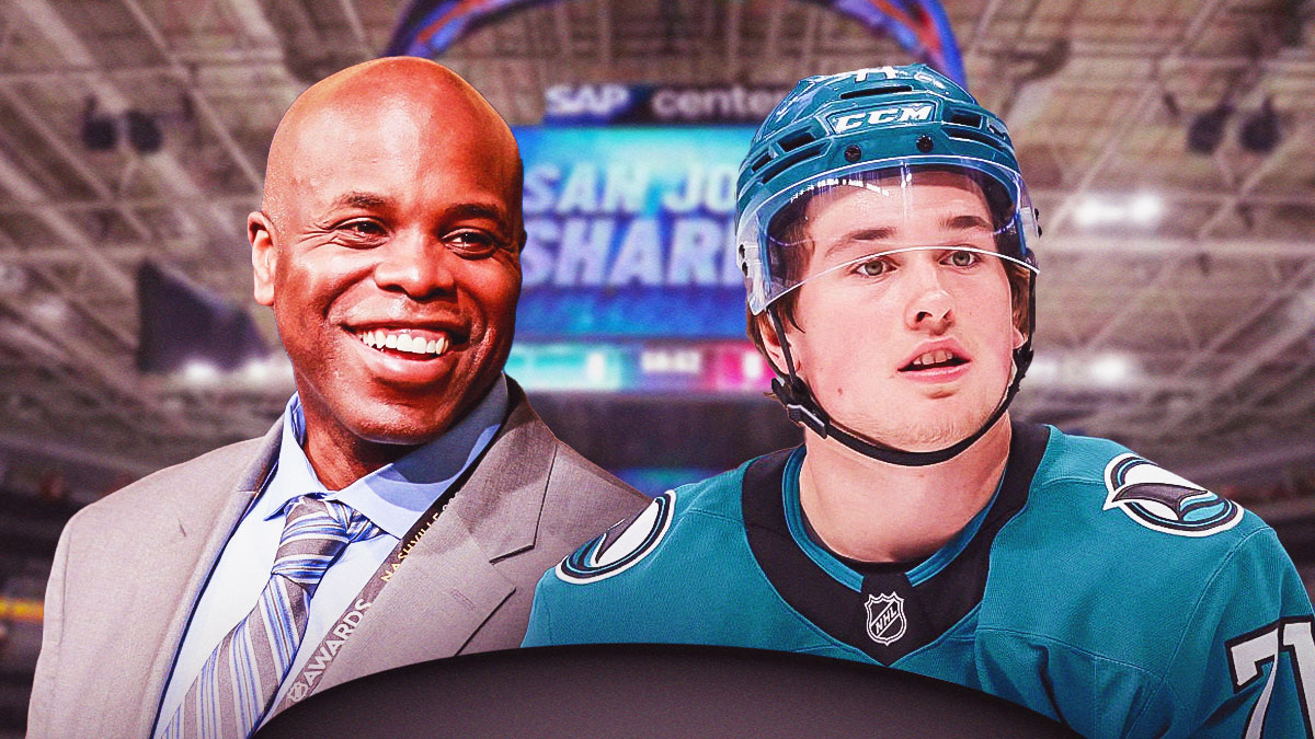 Sharks general manager Mike Grier with NHL Draft pick Macklin Celebrini.