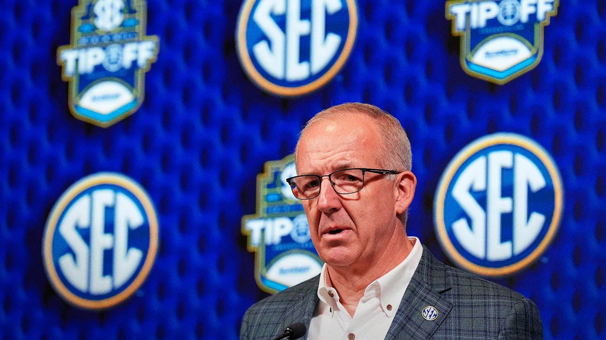 Southeastern Conference commissioner Greg Sankey speaks during SEC Media Day at the Grand Bohemian Hotel in Mountain Brook Tuesday, Oct. 16, 2024.