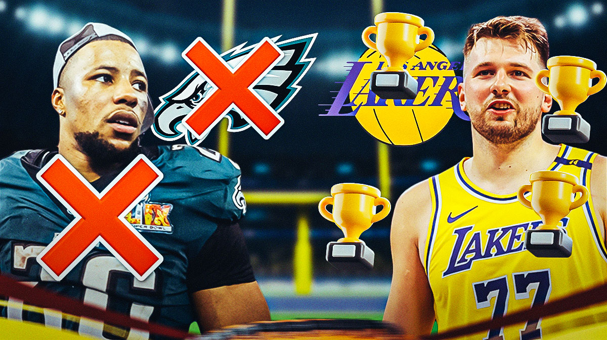 Eagles RB Saquon Barkley and a logo for the Philadelphia Eagles are on one side of the image. Both are covered with a big red X emoji. On the other side of the image is Lakers guard Luka Doncic and a logo for the Los Angeles Lakers surrounded by trophy emojis (🏆).
