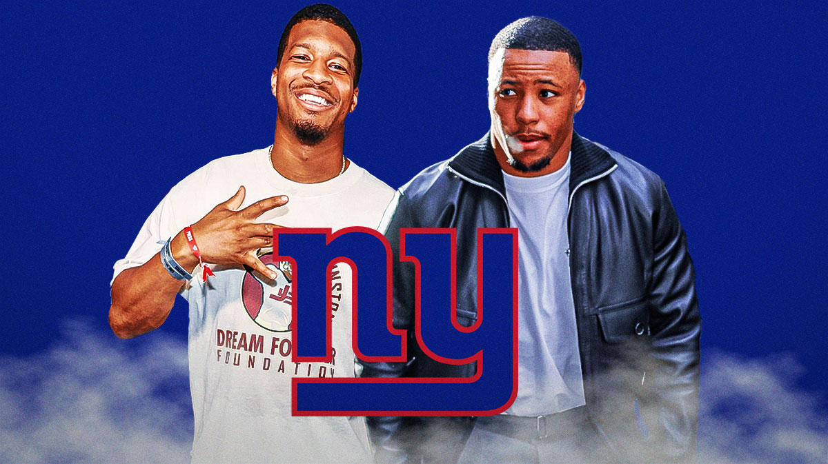 Eagles Saquon Barkley and Browns Jameis Winston with New York Giants logo in between them