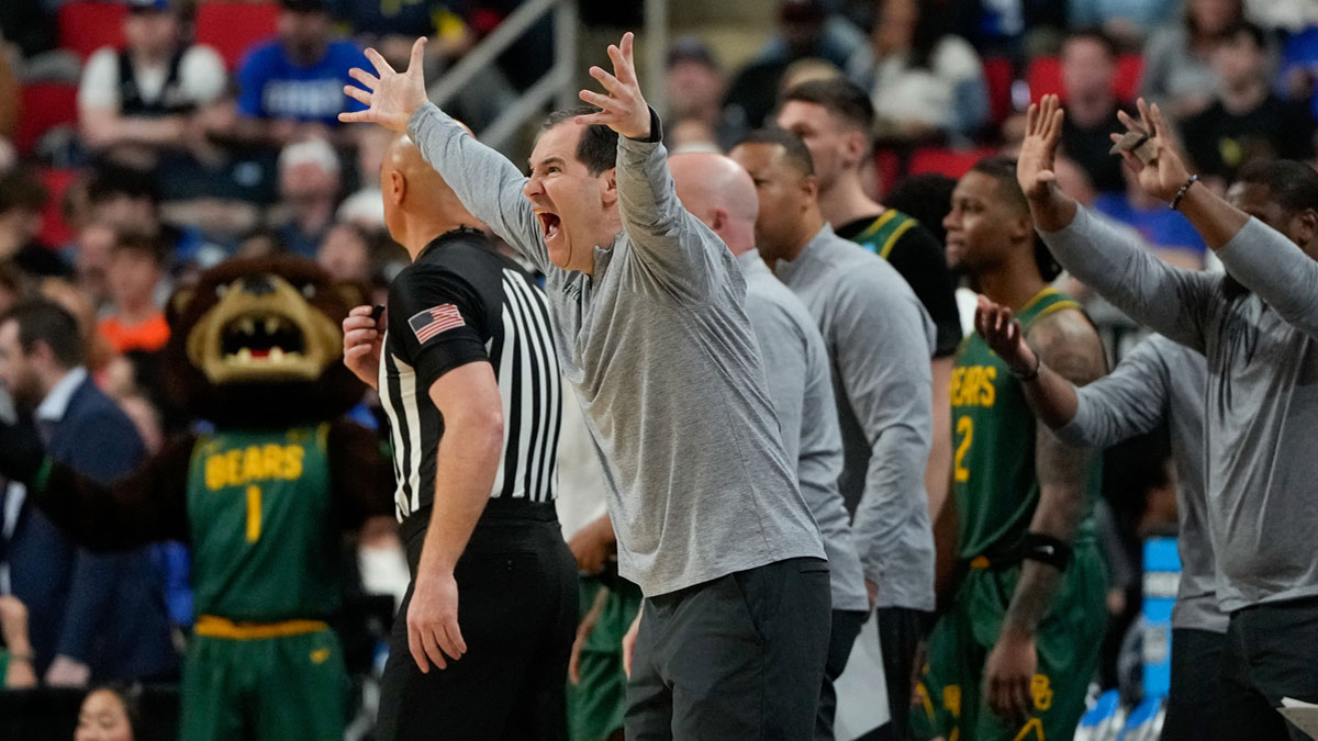Baylor Bears head coach Scott Drew reacts during the second half against the Mississippi State Bulldogs in the first round of the NCAA Tournament at Lenovo Center.