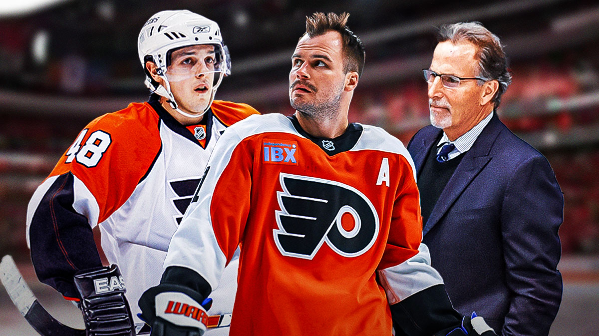 Philadelphia Flyers center Scott Laughton in center, Philadelphia Flyers GM Daniel Briere on left side, Philadelphia Flyers head coach John Tortorella on right side, Wells Fargo Center (home arena of the Philadelphia Flyers) in background
