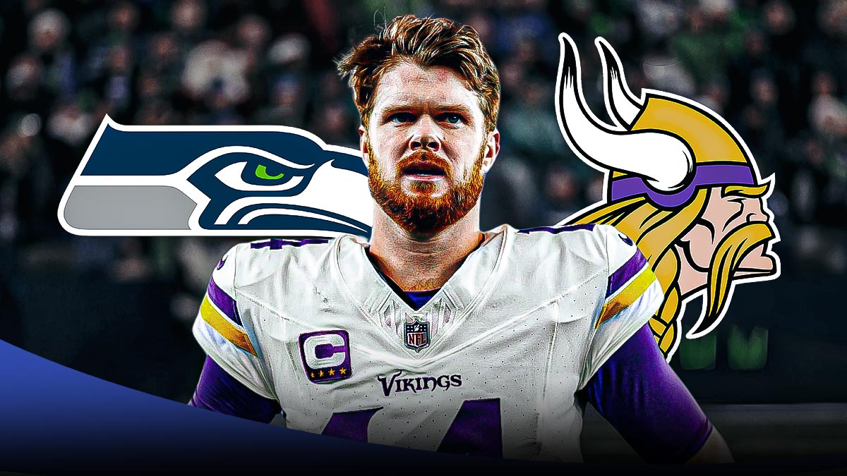 Sam Darnold, Seattle Seahawks and Minnesota Vikings logos, eyes symbols