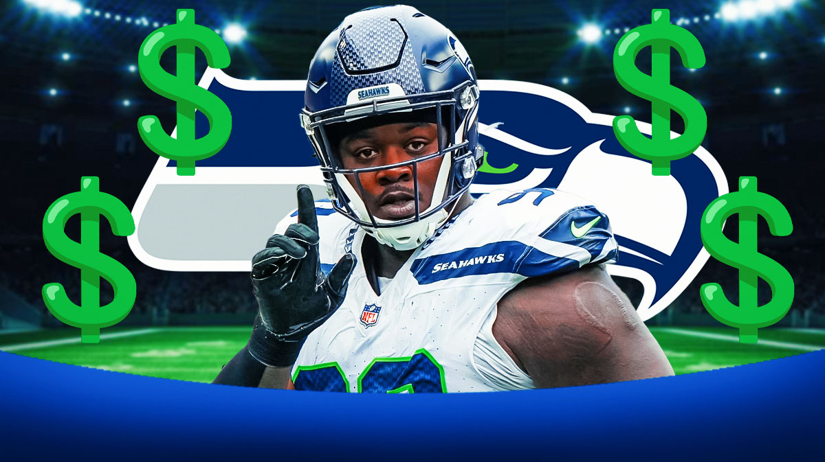 Seahawks DT Jarran Reed surrounded by green dollar sign emojis. There is also a logo for the Seattle Seahawks.