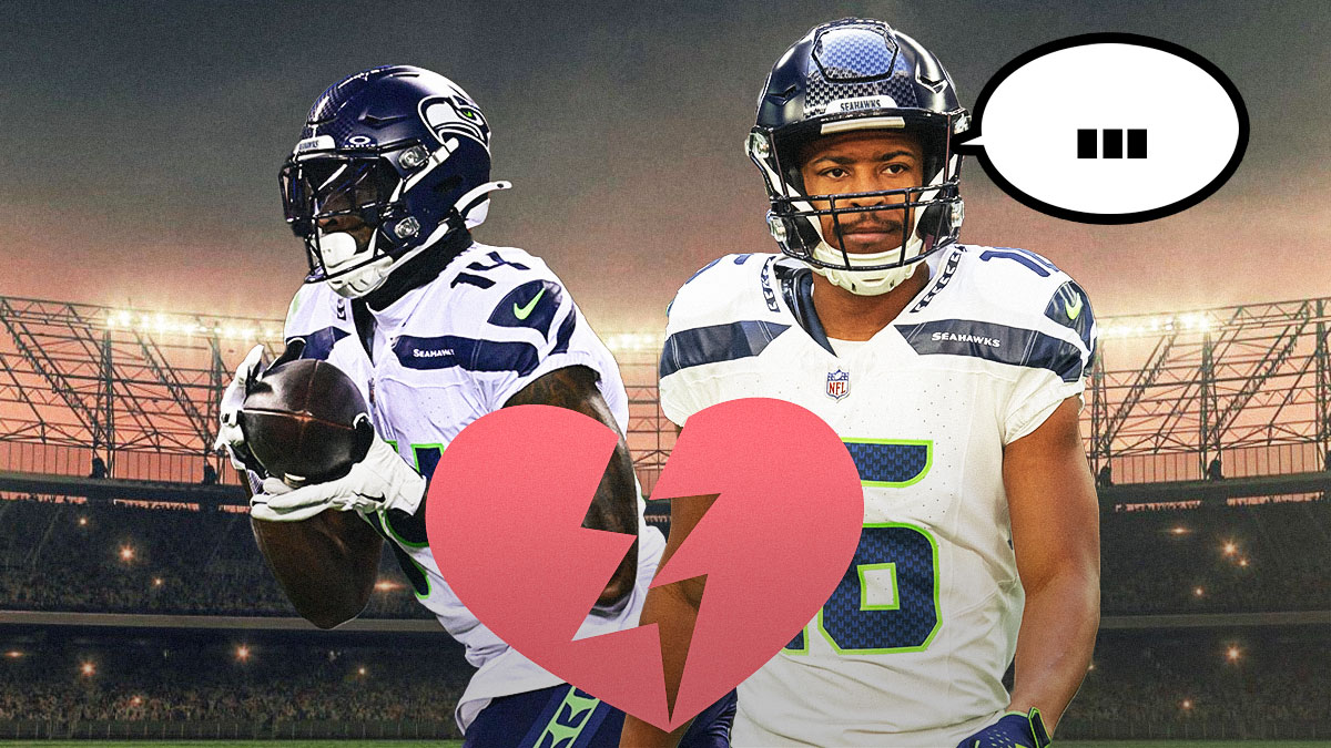 Ex-Seattle Seahawks WR Tyler Lockett with a speech bubble above his head saying, "..." next to WR DK Metcalf with 💔 emojis throughout background. Background is Lumen Field.