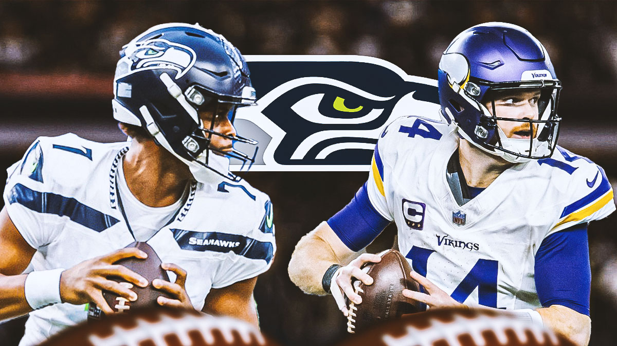 Geno Smith and Sam Darnold with the Seattle Seahawks logo in the middle in front of Lumen Field.